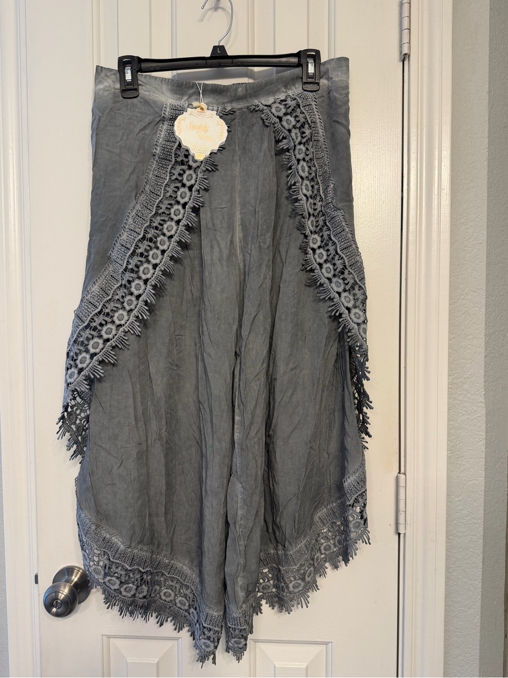 Womens Gray Crochet Trim flair - Lightweight Boho Style pants